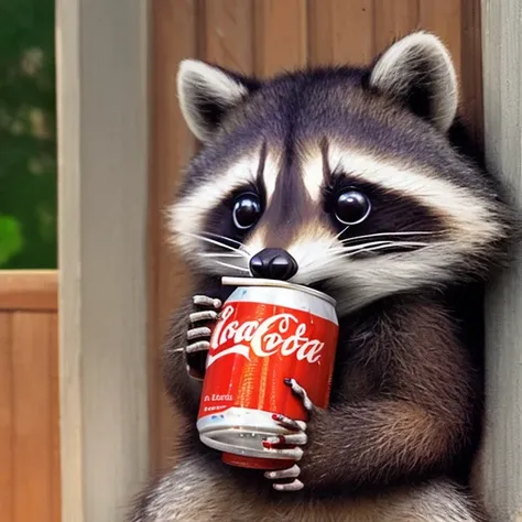 raccoon drinking a can of soda