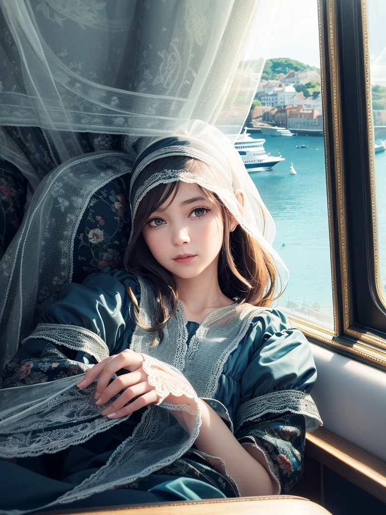 <lora:schoolmax25d_11:0.8>, <lora:kobeni_v10:0.3>, a girl, sit in cruise, windows seat, headware, evning dresses, View of the harbour from the window, (sharp focus:1.4), detailed eyes, beautiful detailed face,(delicate illustration:1.4), (renaissance art:1.4)