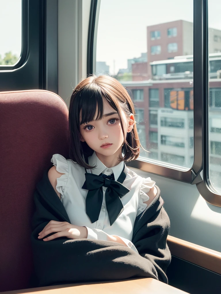 <lora:schoolmax25d_11:0.8>, <lora:kobeni_v10:0.3>, a girl, sit in morden train, windows seat, indistinct nipples, detailed clothes, collared shirt, (sharp focus:1.4), beautiful detailed face, round face,(delicate illustration:1.4), (renaissance art:1)