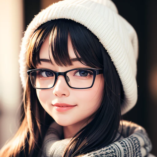 (masterpiece),(best quality:1.0), (ultra highres:1.0), detailed, 1 girl, looking up, eyeglasses, winter, winter outfit, detailed beautiful skin, ((soft filter)), smile, face focus, detailed eye, nsfw, topless, look at camera, depth of field  <lora:koreanDollLikeness_v10:0.1>