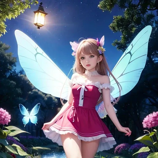 (masterpiece),(best quality:1.0), (ultra highres:1.0),Fairy, a girl with butterfly wings, flies near a lantern