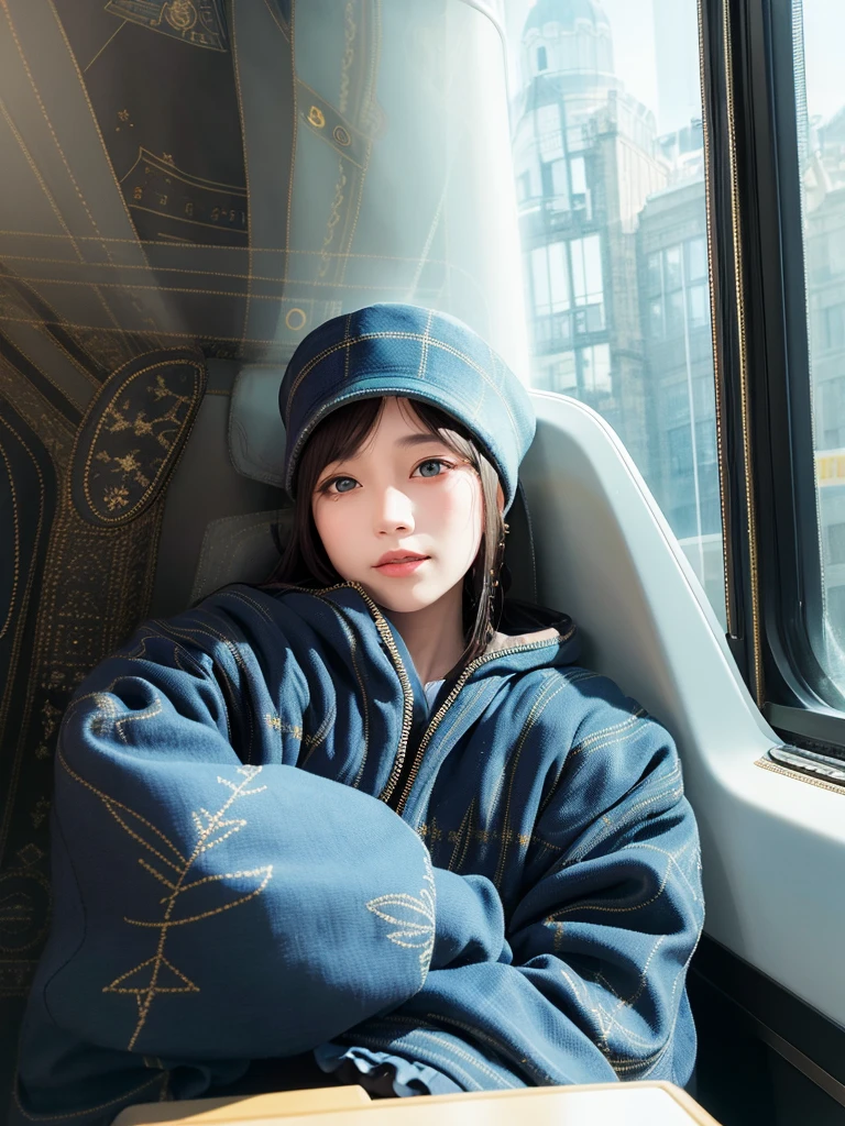 <lora:schoolmax25d_11:0.8>, <lora:kobeni_v10:0.3>, a girl, sit on the morden train, windows seat, hat, Down jacket, (sharp focus:1.4),(beautiful face:1.1), detailed eyes, detailed face,(delicate illustration:1.4), (digital art:1.4), <lora:taiwanDollLikeness_v10:0.3>