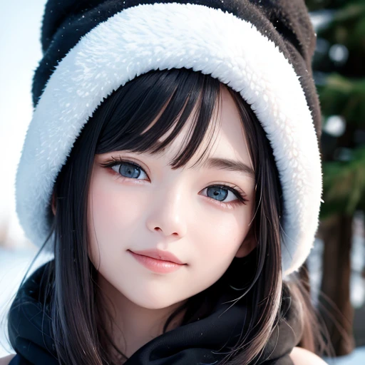 (masterpiece),(best quality:1.0), (ultra highres:1.0), detailed, 1 young girl, looking up, winter, winter outfit, detailed beautiful skin, soft filter, smile, face focus, detailed eye, nsfw, topless, look at camera, depth of field  <lora:koreanDollLikeness_v10:0.1>