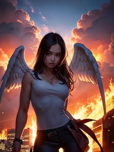 A medium shot of an angel rising into the sky over a burning city, dramatic lighting, sharp, details, flames, fire, burning buildings,  looking at viewer, detailed skin texture, beautiful detailed face, ultra detailed, intricate details,