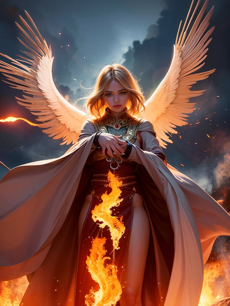 A medium shot of an angel rising into the sky over a burning city, dramatic lighting, sharp, details, flames, fire, burning buildings, looking at viewer, detailed skin texture, beautiful detailed face, ultra detailed, intricate details,