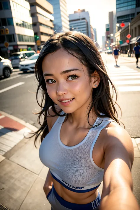 (best quality:1.0), (ultra highres:1.0), selfie, 1 girl, sportswear, grey eyes, detailed beautiful skin, (kind smile:1.0), city, sidewalk, golden hour