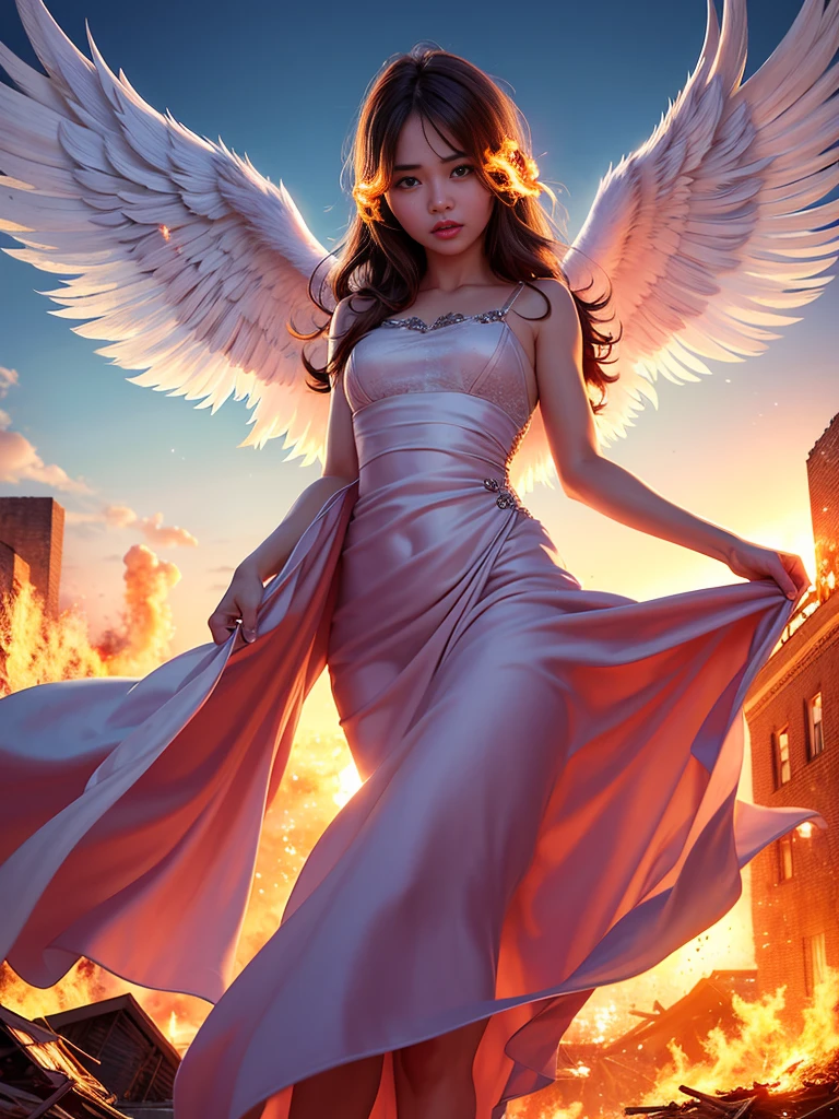 A medium shot of an angel rising into the sky over a burning city, dramatic lighting, sharp, details, flames, fire, burning buildings, looking at viewer, detailed skin texture, beautiful detailed face, ultra detailed, intricate details,