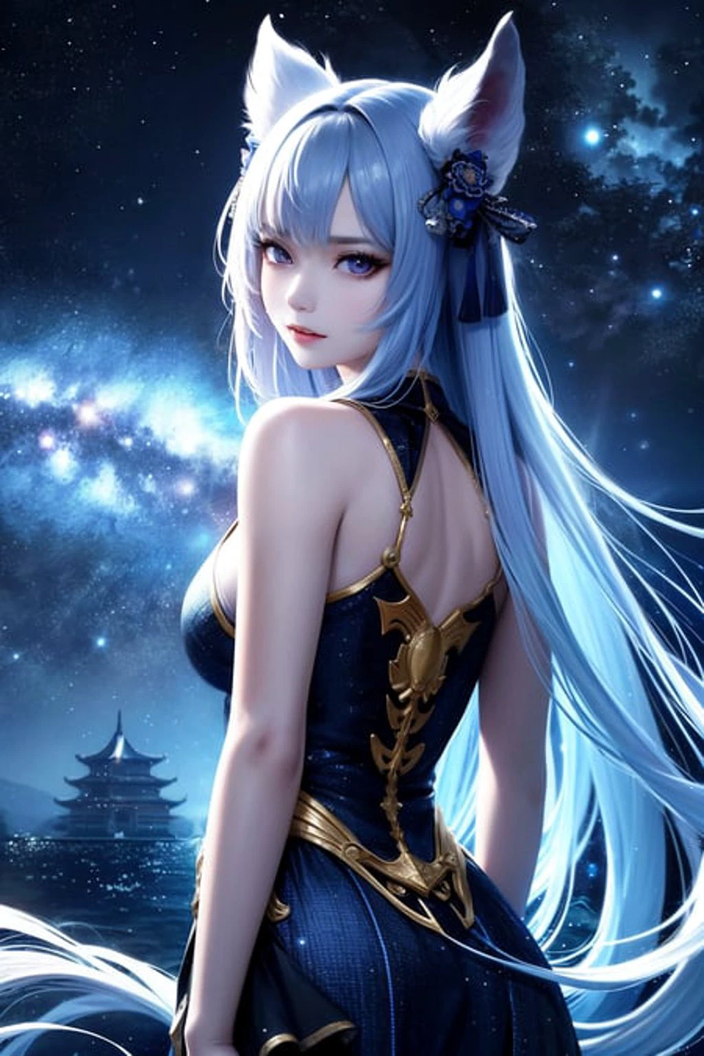 best quality ,masterpiece, illustration, an extremely delicate and beautiful, extremely detailed ,CG ,unity ,8k wallpaper, Amazing, finely detail, masterpiece, best quality, official art, extremely detailed CG unity 8k wallpaper, huge filesize , ultra-detailed, highres, extremely detailed, beautiful detailed girl, extremely detailed eyes and face, beautiful detailed eyes, light on face, 1girl, (18yo:1.2), glaring, serious, from behind, (galaxy:1.2), star \(sky\), (night sky:1.4), outdoors, (upper body:1.4), detailed sky, night, arms at sides, bule eyes, china dress, east asian architecture, see-through,