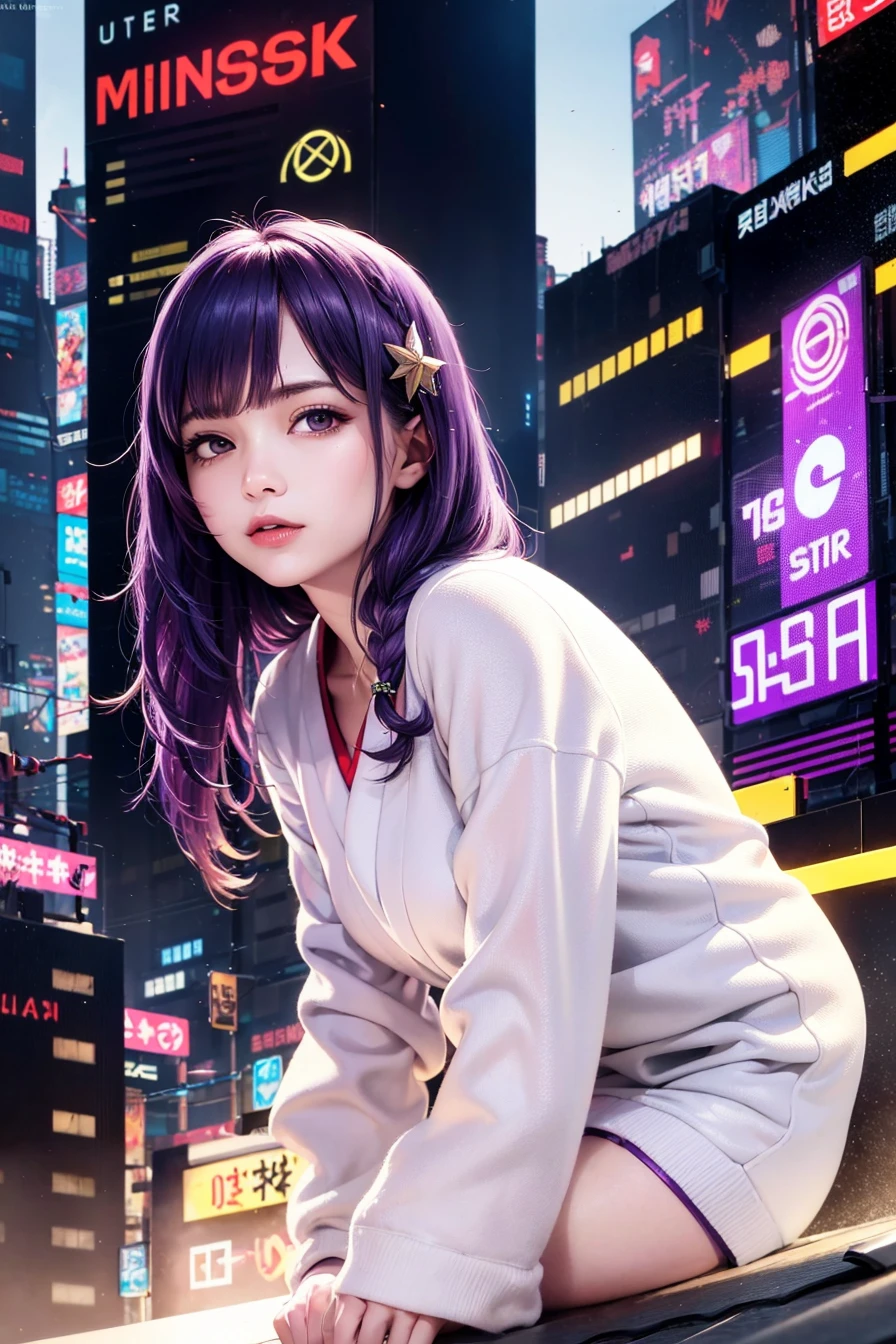 (masterpiece),(best quality:1.0), (ultra highres:1.0), (bent over), detailed clothes, blunt bangs, braid, wide-sleeved kimono, hair ornament, white japanese clothes, (red obi:1.4), (purple hair:1.4), very long hair, straight hair, detailed face, cool face, (smooth chin:0.85), closed mouth, looking at viewer, beautiful eyes, detailed eyes, (ulzzang-6500:0.7), skirt, (from below:1.1), (cyberpunk city:1.4), from side, (rooftop:1.5), (star \(sky\):1.3), photon mapping, physically-based rendering, RAW photo, highly detailed background, (photo realistic:1.35), high res, perspective,