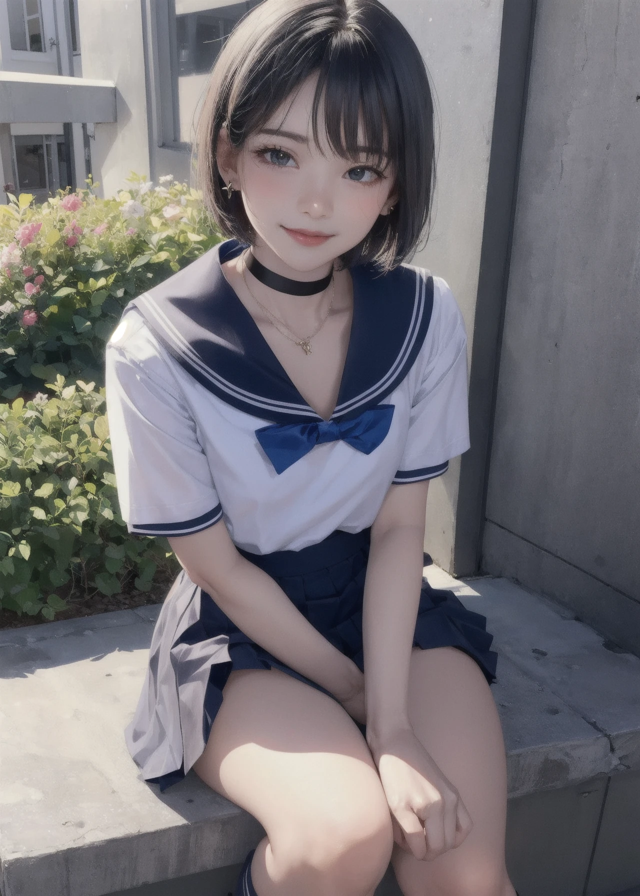 1girl, bangs, black_choker, black_hair, blue_sailor_collar, blue_skirt, bush, choker, collarbone, day, earrings, flower, jewelry, lips, looking_at_viewer, outdoors, plant, pleated_skirt, potted_plant, road, sailor_collar, school_uniform, serafuku, shirt, short_hair, short_sleeves, sitting, skirt, smile, solo, stairs,<lora:chunmomo_v10:0.3> <lora:futuaner_V1:0.3> <lora:koreanDollLikeness_v15:0.3> <lora:hanfugirl-v1:0.3> <lora:anotherpureface_v10:0.7>