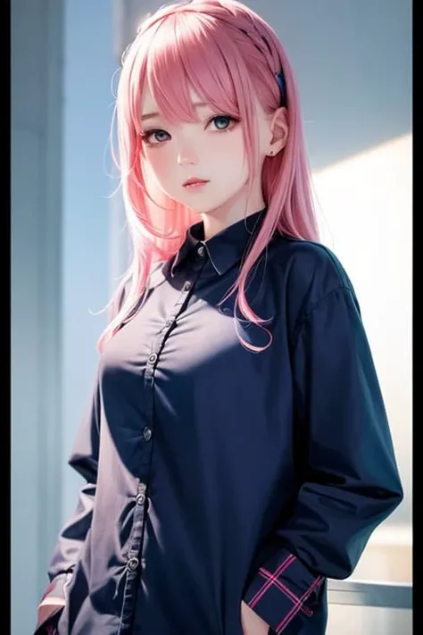1girl, pink hair, blue shirt, full body, (masterpiece), (best quality:1.0), (ultra highres:1.0), detailed illustration, portrait, detailed, detailed beautiful skin, dim light,grim theme