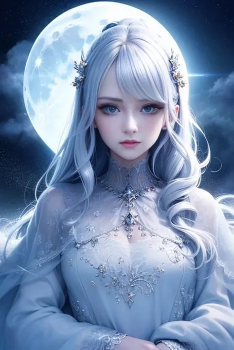 masterpiece, (best quality:1.2), (ultra-detailed:1.2), illustration, (an extremely delicate and beautiful:1.2),cinematic angle,floating, (beautiful detailed eyes:1.1), (detailed light:1.1),cinematic lighting, beautifully detailed sky, women, white hair, blue eyes, (high ponytail:1.1), cloak, glowing eyes, (moon:1.2), (moonlight:1.1), starry sky, (lighting particle:1.1), fog, snow painting, sketch, bloom