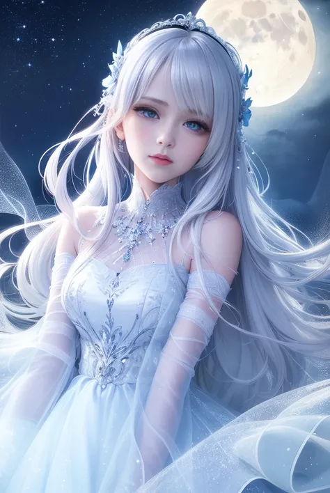 masterpiece, (best quality:1.2), (ultra-detailed:1.2), illustration, (an extremely delicate and beautiful:1.2),cinematic angle,floating, (beautiful detailed eyes:1.1), (detailed light:1.1),cinematic lighting, beautifully detailed sky, women, white hair, blue eyes, (high ponytail:1.1), cloak, glowing eyes, (moon:1.2), (moonlight:1.1), starry sky, (lighting particle:1.1), fog, snow painting, sketch, bloom