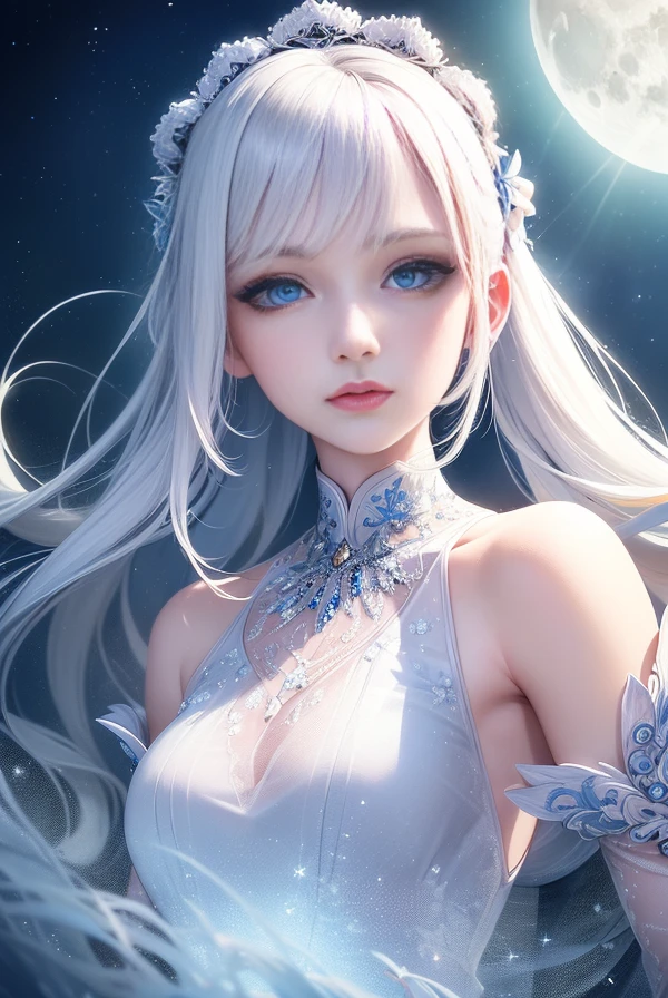 masterpiece, (best quality:1.2), (ultra-detailed:1.2), illustration, (an extremely delicate and beautiful:1.2),cinematic angle,floating, (beautiful detailed eyes:1.1), (detailed light:1.1),cinematic lighting, beautifully detailed sky, women, white hair, blue eyes, (high ponytail:1.1), cloak, glowing eyes, (moon:1.2), (moonlight:1.1), starry sky, (lighting particle:1.1), fog, snow painting, sketch, bloom