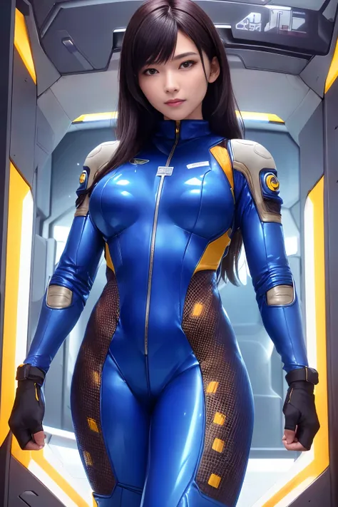 (solo), (a woman in a futuristic suit standing), (sci-fi), (futuristic), (tight space suit:1.6), looks into viewer, Motoko Kusanagi, artstation, cyberpunk 2077, hyperrealistic, (masterpiece:1.0), (best quality:1.4), (ultra highres:1.2), (photorealistic:1.4), 8k resolution, ultra detailed, sharp focus, cinematic lighting, detailed beautiful face, petite figure, detailed skin texture, fit body, thigh gap, detailed long hair, <lora:inniesBetterVaginas_v11:0.6>, smiling, 1girl, (perfect hands), (beautiful hands)