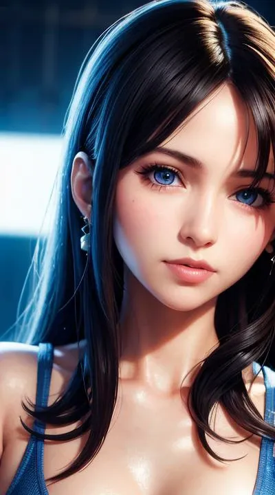 (best quality:1.0), (ultra highres:1.0), 1 girl, detailed beautiful skin, (kind smile:1.0), solo, (masterpiece:1.0), (best quality:1.4), (ultra highres:1.2), (photorealistic:1.4), 8k resolution, Canon EOS R5, 50mm, absurdres, ultra detailed, sharp focus, cinematic lighting, detailed beautiful face, petite figure, detailed skin texture, pale skin, thigh gap, detailed hair, random hair style, perfect eyes, detailed eyes, (glistening skin1.15), ((portrait photo)), hair accessories, ear rings, futuristic, complex background, cyberpunk city street, night, cyborg, robotic parts, futuristic weapons and accessories, ray lighting, backlighting, closeup photo, blue tone background <lora:tifaMeenow_tifaV2:0.3>