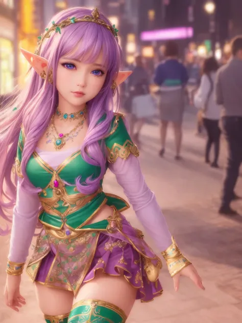 (best quality:1.5), highres, masterpiece, (ultra detailed:1.2),
realistic,
1girl, (elf:1.2),
(light purple hair:1.0), (small breasts:1.0),
pencil skirt, gem necklace,
blush,
city street, (neon lights:0.8),
detailed face,