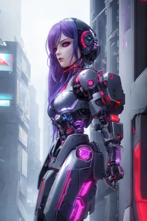 masterpiece, high quality, CGI Art, cyborg, robotic parts,1girl, cyberpunk,modern art,Future technology equipment,Blue purple hair, red eyeshadow, metallic texture best,looking to the side,