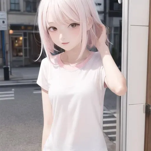 1girl, solo, good quality, best quality, (white hair:1.3)(pink hair:1.3), short T-shirt, out the door, small breast, hand behind body, upper body, long hair, show breast