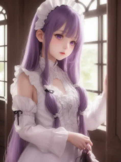 (HDR:0.0), (masterpiece:0.2), (realistic:0.8), 1girl, (light purple:1.1) + (long hair:1.1), medium breasts, hair ornament, ([black|white] maid dress:1.1) + (detached sleeves:1.0), blush, house, window