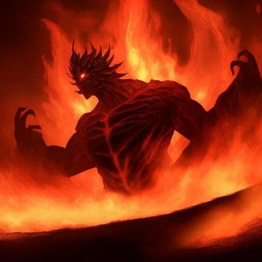 It was like a great shadow, in the middle of which was a dark form, of man-shape maybe, yet greater; and a power and terror seemed to be in it and to go before it.
A figure strode to the fissure, no more than man-high yet terror seemed to go before it. They could see the furnace-fire of its eyes from afar; its arms were very long; it had a red [?tongue].
It came to the edge of the fire and the light faded as if a cloud had bent over it. [...] The flames roared up to greet it, and wreathed about it; and a black smoke swirled in the air. Its streaming mane kindled, and blazed behind it. In its right hand was a blade like a stabbing tongue of fire; in its left it held a whip of many thongs.