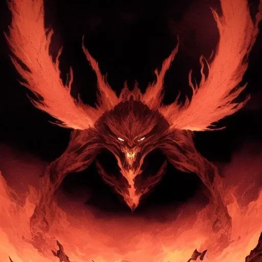 It was like a great shadow, in the middle of which was a dark form, of man-shape maybe, yet greater; and a power and terror seemed to be in it and to go before it.
A figure strode to the fissure, no more than man-high yet terror seemed to go before it. They could see the furnace-fire of its eyes from afar; its arms were very long; it had a red [?tongue].
It came to the edge of the fire and the light faded as if a cloud had bent over it. [...] The flames roared up to greet it, and wreathed about it; and a black smoke swirled in the air. Its streaming mane kindled, and blazed behind it. In its right hand was a blade like a stabbing tongue of fire; in its left it held a whip of many thongs.