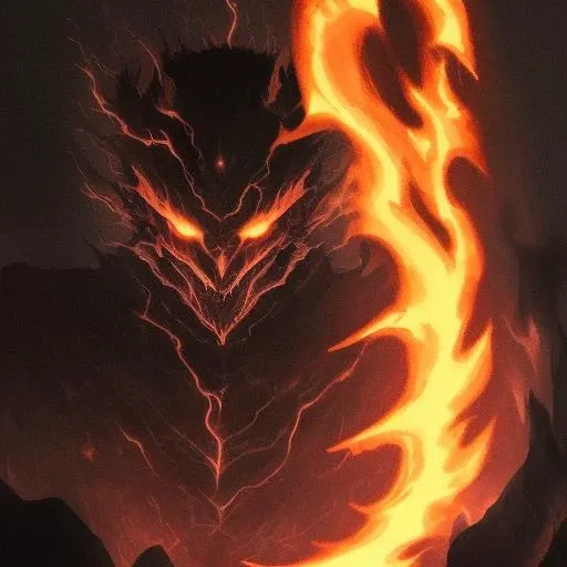 It was like a great shadow, in the middle of which was a dark form, of man-shape maybe, yet greater; and a power and terror seemed to be in it and to go before it.
A figure strode to the fissure, no more than man-high yet terror seemed to go before it. They could see the furnace-fire of its eyes from afar; its arms were very long; it had a red [?tongue].
It came to the edge of the fire and the light faded as if a cloud had bent over it. [...] The flames roared up to greet it, and wreathed about it; and a black smoke swirled in the air. Its streaming mane kindled, and blazed behind it. In its right hand was a blade like a stabbing tongue of fire; in its left it held a whip of many thongs.