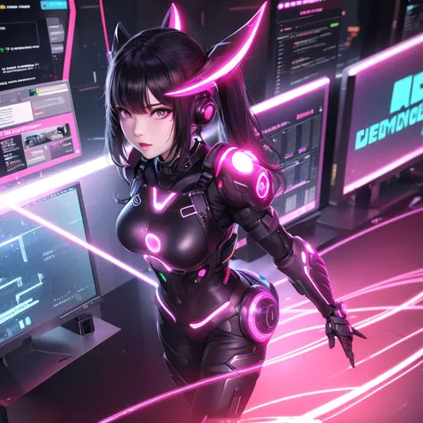 8k, best quality, ultra high res, cyberpunk style, sci-fi, 1 girl, tight neon armor, ai, lab, monitors, code, robot