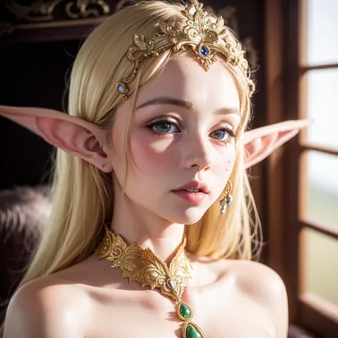 (best quality:1.0), (ultra highres:1.0), (detailed photographic portrait of beautiful elf girl:1.4), beautiful royal princess, platinum blonde hair, finely detailed royal dress, ribbon, (detailed mant), detailed beautiful white shiny skin, sitting on the throne, (ulzzang-6500:0.8), detailed gems, (intricate throne:1.2), dynamic angle