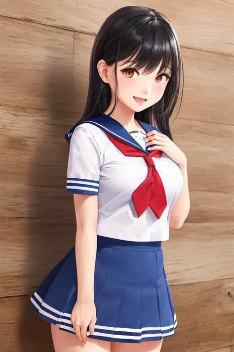 illustration, 1girl, teen (white sailor-fuku, short sleeve, deep blue collar, deep blue skirt, red tie:1.5) (kawaii, cute, tareme, smile) big eyes, open mouth, straight hear, short tall, cowboy shot (in front of wooden wall) (hands behind:1.5) (dynamic pose,dynamic angle:1.2) BREAK japanese, japanese idol (black hair, medium hair, straight hair, black eyes, best quality, ultra detailed, detailed skin, yellow skin, beautiful detailed eyes)