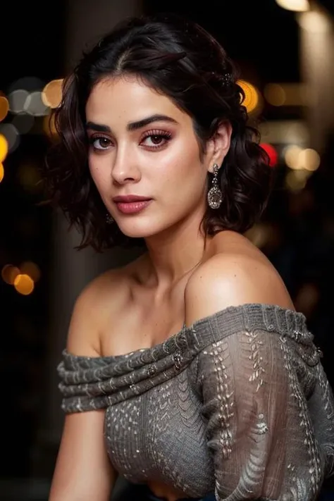 photo of beautiful <lora:janvik:0.7>, a woman as a movie star, hair upsweep updo, sweater off-shoulders, trousers, at a movie premiere gala, dark moody ambience (masterpiece:1.2) (photorealistic:1.2) (bokeh) (best quality) (detailed skin:1.2) (intricate details) (nighttime) (8k) (HDR) (cinematic lighting) (sharp focus), (looking at the camera:1.1), (closeup portrait:1.1)