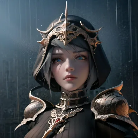 wlop, best quality, cinematic lighting, painting, fine art, 1girl, solo, rain, lips, white hair, armor, headpiece, looking at viewer, gauntlets, chain, upper body, nose, gloves, closed mouth, capelet, depth of field, short hair, armored dress, glowing green eyes, blurry background , battle background, cowboy shot, contrapposto, looking at viewer, highres, superb, 8k wallpaper, extremely detailed, intricate, unreal engine 5, volumetric lighting, realistic, realistic lighting, cinematic, 4k, cinematic lighting, 8k, depth of field, 3d, masterpiece, perfect, award-winning, hyper-detailed, photorealistic, ultra realistic, realistic light, hard lighting, intricate details, stop motion, hyperfocus, tonemapping, sharp focus, hyper detailed, detailed eyes, eyes focus, (illustration:1.1), highres, (extremely detailed CG unity 8k wallpaper:1.1), (mid shot1.25), (portrait:1.25), (solo:1.2), 1girl, (beautiful face:1.15)