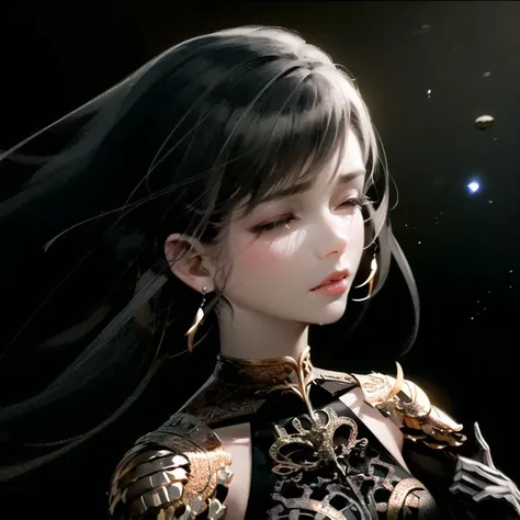 wlop, 1girl, bangs, black background, black hair, blurry, crying, dark, dress, dutch angle, earrings, eyelashes, closed eyes, fantasy, gears, highres, instrument, jewelry, lips, long hair, simple background, solar system, solo, tears