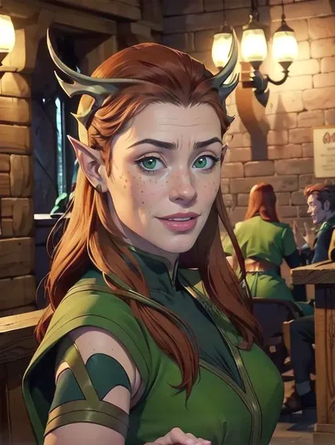 Keyleth, sexy, cute, portrait, green clothes, at medieval inn, smiling, dancing, shy, blushed, freckles, (8k, RAW photo, best quality, masterpiece:1.2),ultra-detailed, (high detailed skin:1.2), 8k uhd, dslr, soft lighting, high quality,    <lora:Keyleth_Vox_Machina_v1:0.65>