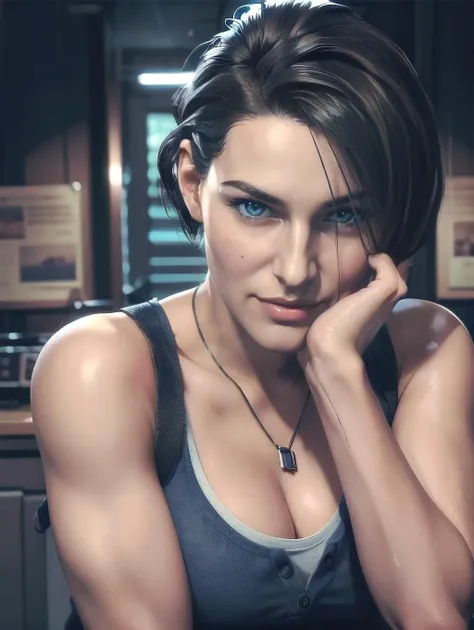 Jill Valentine, portrait, cleavage, smiling, sexy (8k, RAW photo, best quality, masterpiece:1.2),ultra-detailed, (high detailed skin:1.2), 8k uhd, dslr, soft lighting, high quality, <lora:Jill_Valentine_RE3R_v1:0.8>