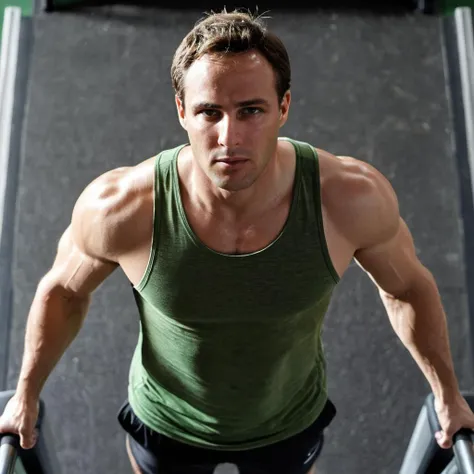 Hyperrealistic art photo of m4r10n a man, wearing a green loose tank top, on a treadmill, sweaty, from above, at a gym<lora:Marlon_Brando:.9> . Extremely high-resolution details, photographic, realism pushed to extreme, fine texture, incredibly lifelike