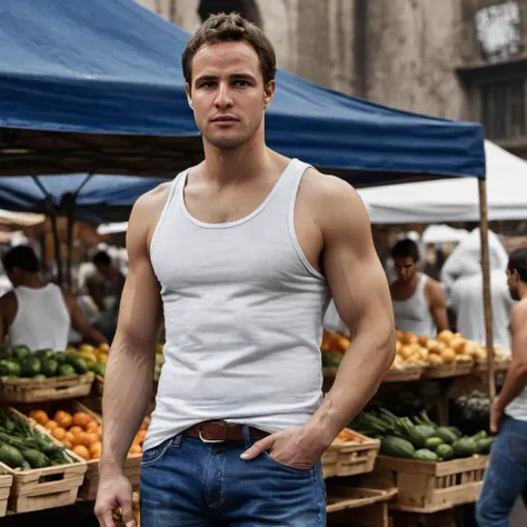 JordanBrandt, wearing a tank top and jeans, at the farmers market