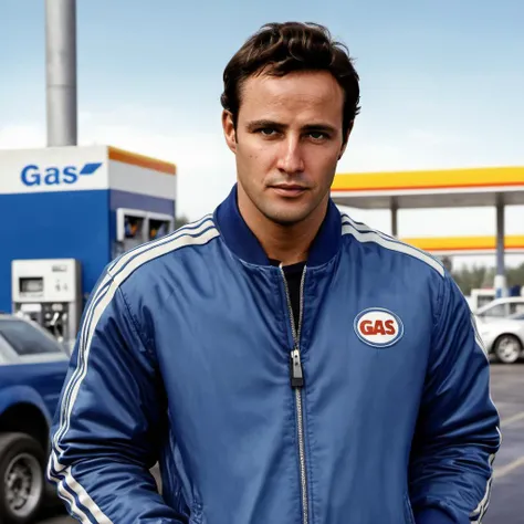 Hyperrealistic art photo of m4r10n a man, wearing a blue jacket, at a gas station, <lora:Marlon_Brando:.9> . Extremely high-resolution details, photographic, realism pushed to extreme, fine texture, incredibly lifelike
