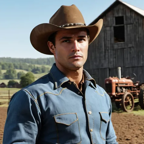 concept art close-up photo of m4r10n a man, wearing a cowboy outfit, at a farm, side view, <lora:Marlon_Brando:.9> . digital artwork, illustrative, painterly, matte painting, highly detailed