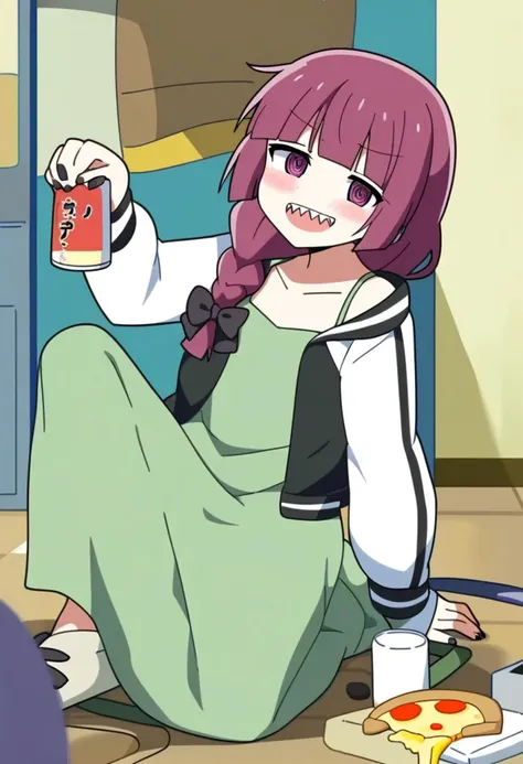 1girl, 
hiroi kikuri,  
single braid, shoes, dress, long hair, nail polish, looking at viewer, bow, jacket, sharp teeth, red eyes, geta, teeth, purple hair, black nails, multicolored clothes, @_@, black jacket, two-tone jacket, open mouth, solo, hair bow, braided ponytail, braid, full body, white jacket, green dress, long sleeves, black bow, blush, multicolored jacket, indoors, room, messy room, pizza, eating pizza, sitting on flour, tv, console, gaming console, beer cans, empty cans,
score_9,  sfw
 <lora:pony_char_hiroi_kikuri-000019:1>