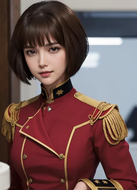 red uniform, military_uniform, military, epaulettes, brown_eyes, brown_hair, closed_mouth, short_hair, jewelry, bangs, bob_cut, looking at viewer, <lora:Luna_Armonia_Gunit-KK77-V1:0.6>
