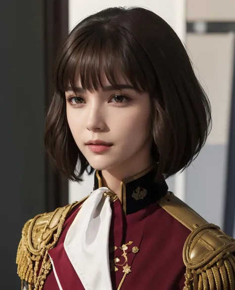 military_uniform, military, epaulettes, brown_eyes, brown_hair, closed_mouth, short_hair, jewelry, bangs, bob_cut,  <lora:Luna_Armonia_Gunit-KK77-V1:0.6>