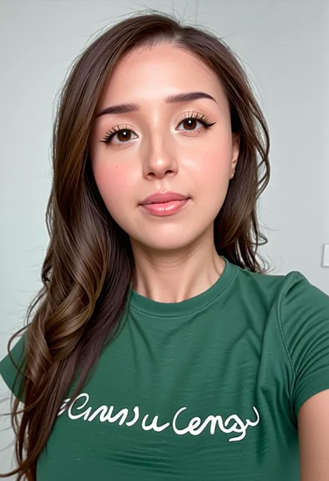 a girl, full headshot breasts, green tshirt, writing tshirt, pokimanelolxl, wavy hair, <lora:PokimaneXL:0.9>