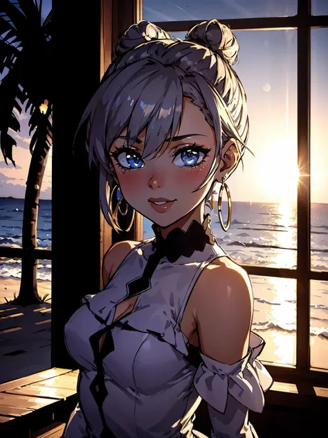 1girl,  dress, earrings, indoors, jewelry,  smile, solo, standing, sunlight, white dress, wind, window, dynamic pose, single hair bun, upper body, 
masterpiece, best quality, intricate details, anime screencap, 
a full moon is seen behind palm trees on a beach at night time with a path leading to the ocean,  palm trees, a photo, dau-al-set
<lora:backlight_slider_v10:-1> <lora:contrast_slider_v10:3> <lora:Raiou_Style-000014:0.5> big lips, thick lips,
<lora:add_sharpness:1.0><lora:add_sharpness:1.0>