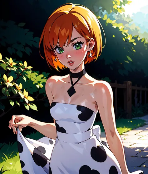 1girl, animal print, bare shoulders, black hair, bob cut, green eyes,  orange hair,  choker, cow print, dress, earrings,lips, print dress, short dress, short hair, solo, strapless dress, white dress, depth of field, standing, 
masterpiece, best quality, intricate details, outdoors, garden, waterfall, 
<lora:KajinKuji-000006:0.8> <lora:backlight_slider_v10:-1> <lora:contrast_slider_v10:3><lora:add_sharpness:1.0><lora:add_sharpness:1.0>