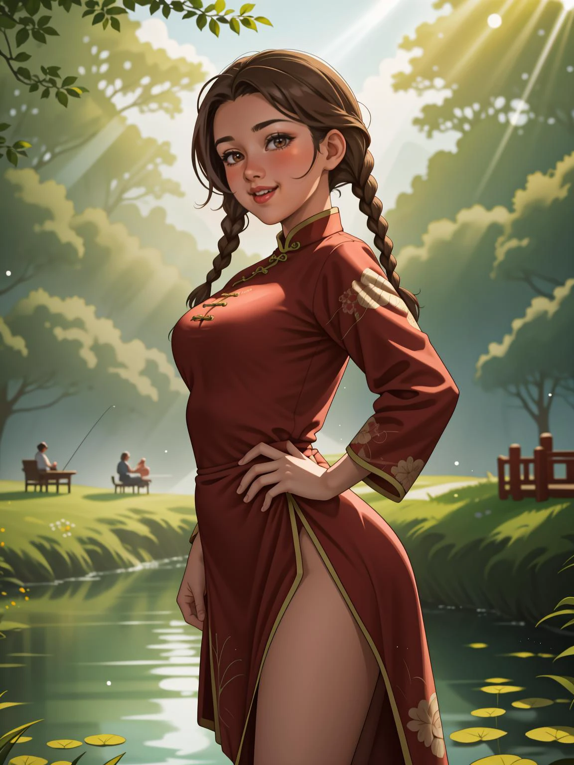 1girl, <lora:AromaStyle-V9:0.5>, brown eyes, light brown hair, twin braids, china dress, china, outdoors, village, tree, river, pelvic curtain, light particles, sunbeam, hand on own hip, head tilt, lens flare, from side, people fishing on background
masterpiece, best quality, intricate detail, <lora:PAseer-SD15-LCM Quick:1> <lora:emotion_happy_slider_v1:2> <lora:backlight_slider_v10:-1> <lora:weight_slider_v2:1>