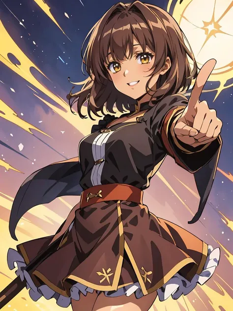 pointing at viewer, 1girl, medieval, blunt bangs, medium hair, straight hair, yellow eyes, brown lips, frilled dress, mage staff, magic, light smile,
masterpiece, best quality, anime screencap, outline, anime, sketch, <lora:skin_tone_slider_v1:2>