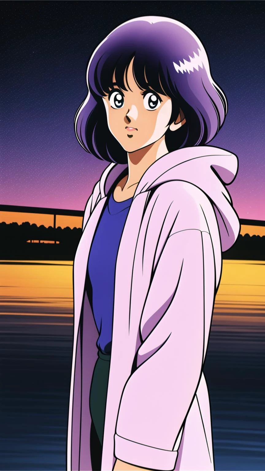 <lora:Adachi_v2:1>, 1girl, 1girl, long sleeves, makeup, shorts, solo, standing, purple hair, bangs, amber eyes, night, night sky, walking, long sleeves, hooded coat, upper body, retro artstyle,
masterpiece, best quality, intricate detail, artgem, <lora:PAseer-SD15-LCM Quick:1>