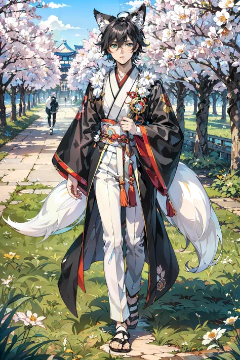 (full body:1.3),forest,flowers,sunlight,plants,grasses,(Sakura tree:1.1),male_focus,<lora:add-detail-xl:1>,<lora:linquivera:1>,, 1man, solo, (white_fox_ears, fox_eyes:1.2),(white_fox_long_tails,nine_extremely_long_tails,white:1.4),furry,fur,fluffy, (male,fox_man,fox_boy,fox_male:1.3), beautiful eyes, handsome,, (complex,textured,tassel,colorful,japanese_clothing1.3),furisode,print_kimono,, (man:1.5),solo,adult,(male focus:1.5),(1man with black hair, (hair between eyes:1.2), (high ponytail:1), (green_eyes:1.2),hair cover eye, handsome male,(pale skin:1.5)),skinny,thin,slender,tall,skinny,(detailed face:1.2), (masterpiece: 1,2), best quality, masterpiece, highres, original, extremely detailed wallpaper, perfect lighting, (extremely detailed CG: 1.2),detailed eyes,beautiful eyes,score_9, score_8_up, score_7_up,, official art, unity 8k wallpaper, ultra detailed, beautiful and aesthetic, beautiful, masterpiece, best quality, (zentangle, mandala, tangle, entangle),detailed eyes,beautiful eyes,score_9, score_8_up, score_7_up,