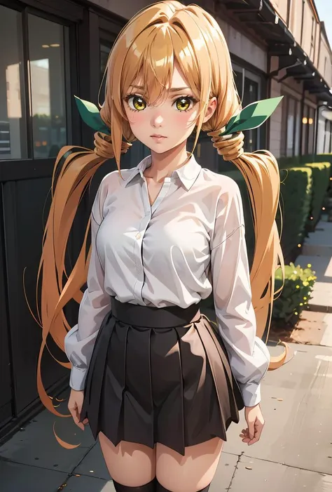 (masterpiece, best quality), 1girl,     <lora:karane_scarxzys:0.8> karane, yellow eyes, blonde hair, orange hair, long hair, low twintails, very long hair, hair between eyes, hair ribbon, green ribbon,, white shirt, collared shirt, brown cardigan, long sleeves, black skirt, pleated skirt, loose socks, shoes